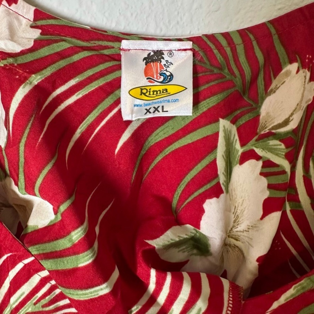 Rima Beachy Red Tropical Hibiscus‎ Palm Print Mini Dress XXL Hawaiian Resortwear - Picture 3 of 7